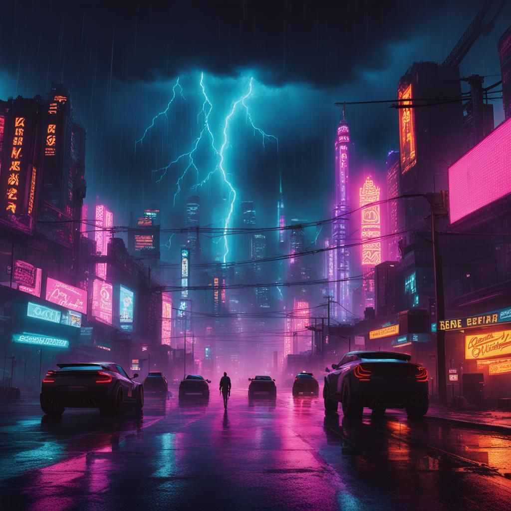 Cyberpunk City Under a Thunderstorm