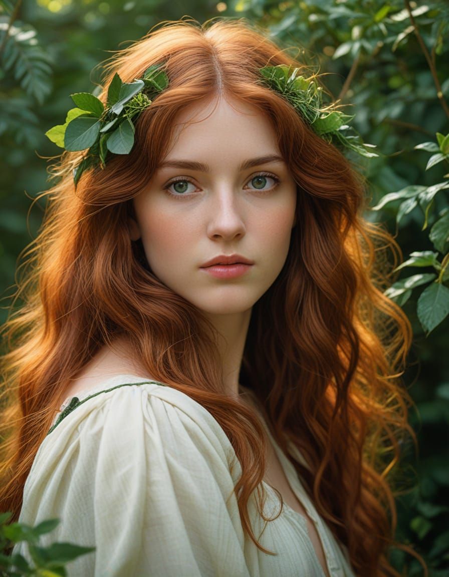 Pre-Raphaelite Portrait of Auburn Goddess in Lush Greenery