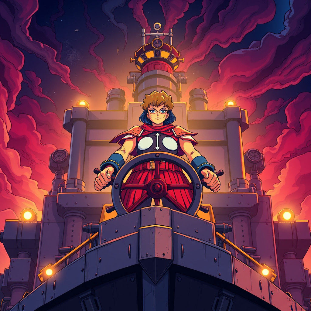 Imposing Leader on Industrial Barge in Anime Style