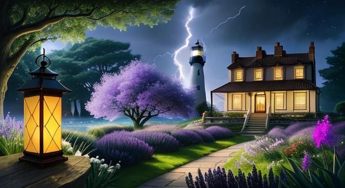 Luminous Lighthouse Landscape Bathed in Lightning