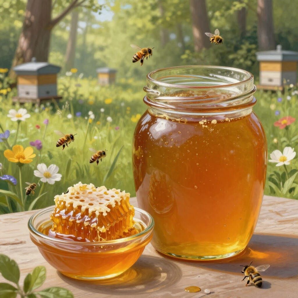 Hyperrealistic Honey Jar with Forest Background
