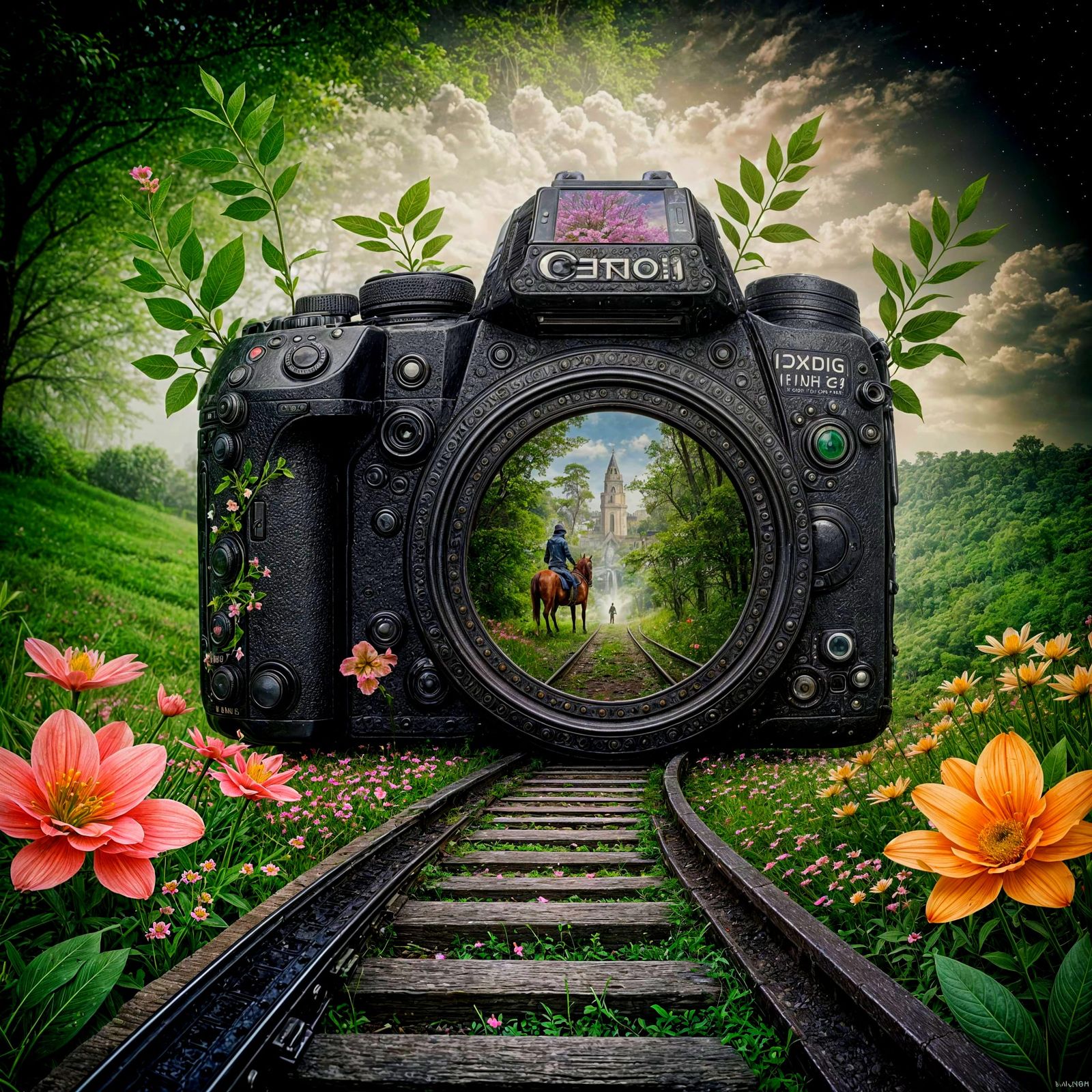 Canon Camera in Whimsical Spring Wonderland, Hyperdetailed C...