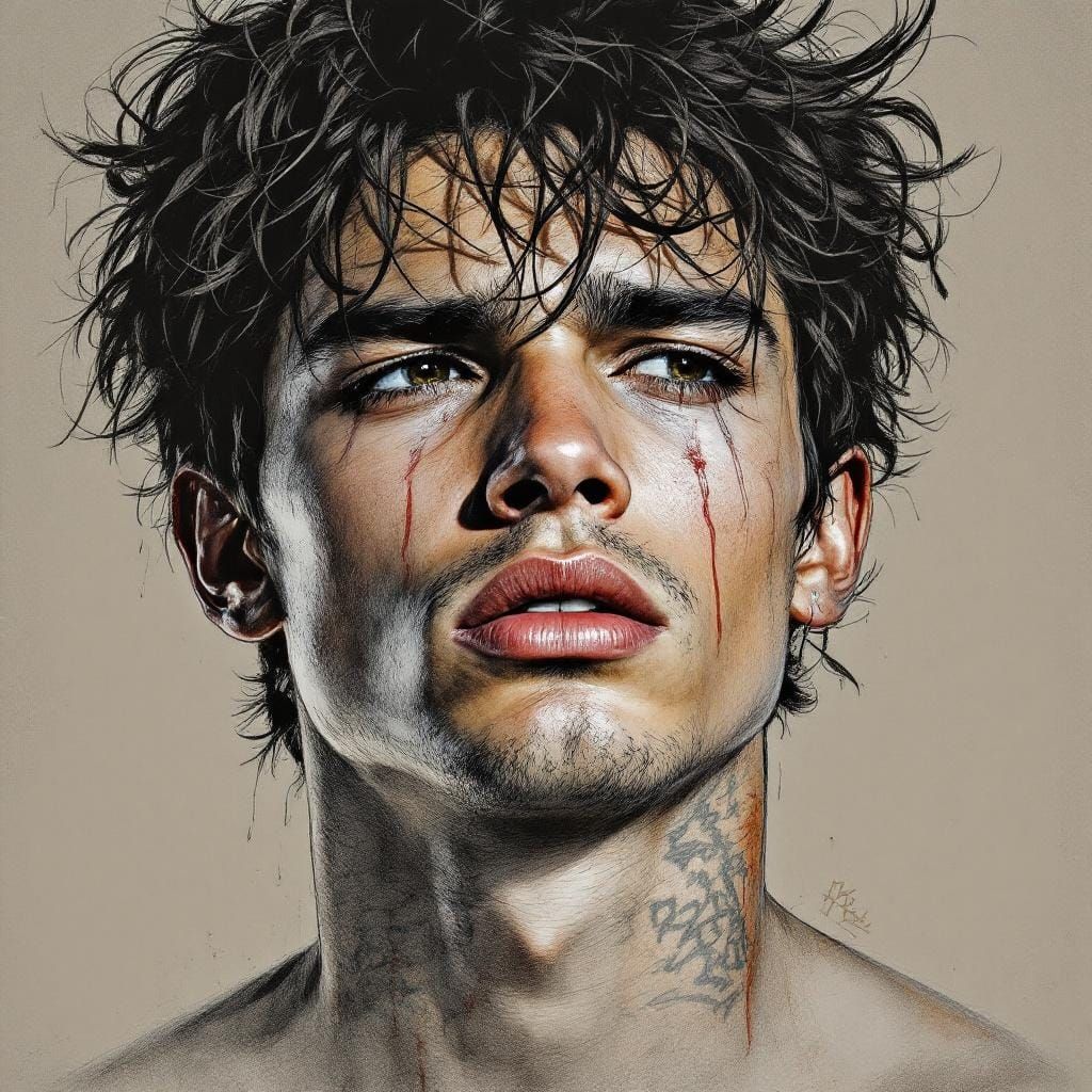 Sad Young Man in Hyperrealistic Art Nouveau Style