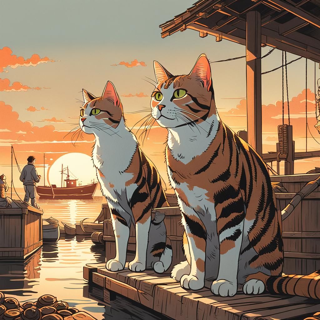 Ukiyo-e style: 2 cats at a marina