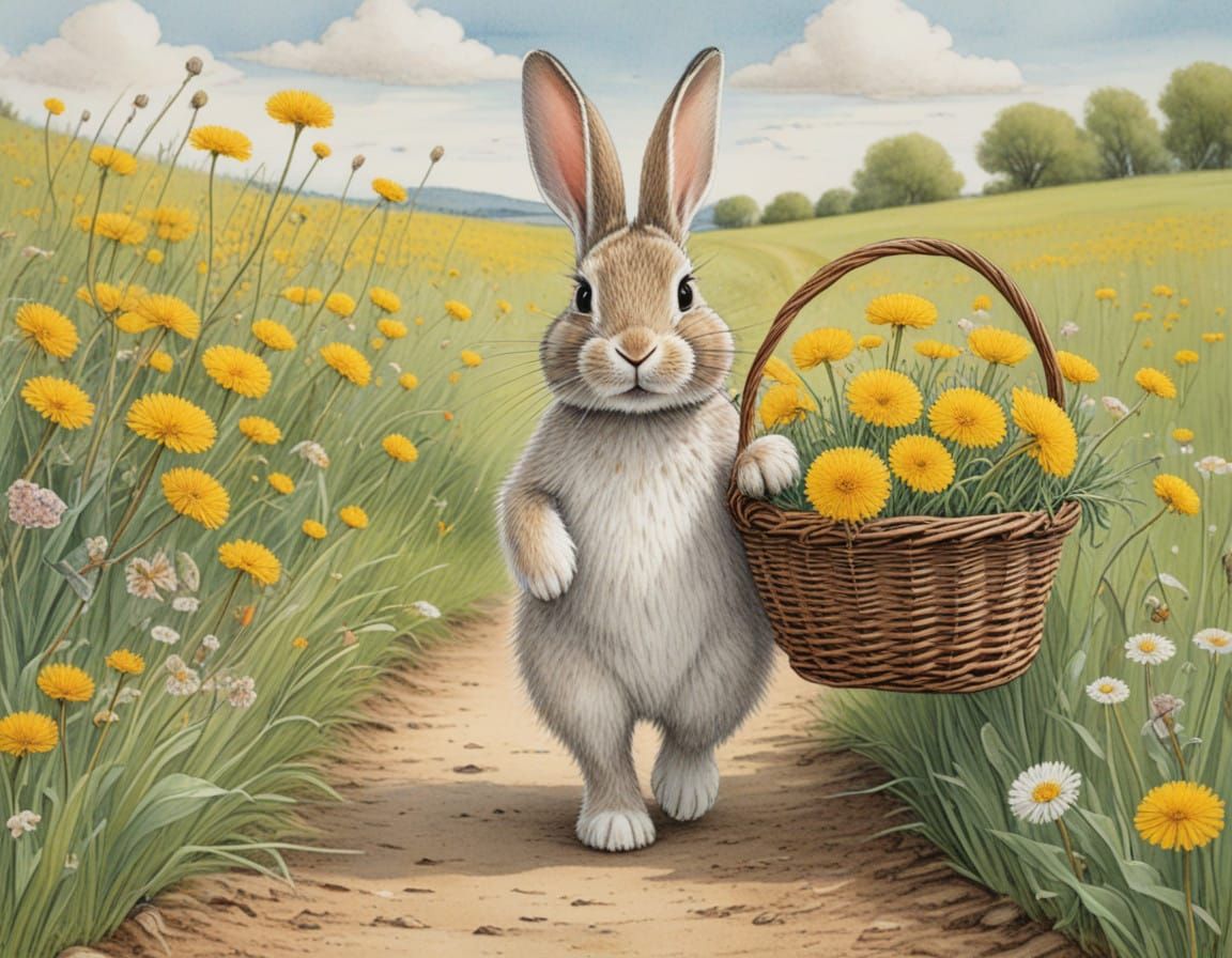 Whimsical Rabbit Amidst Dandelions in a Colorful Field