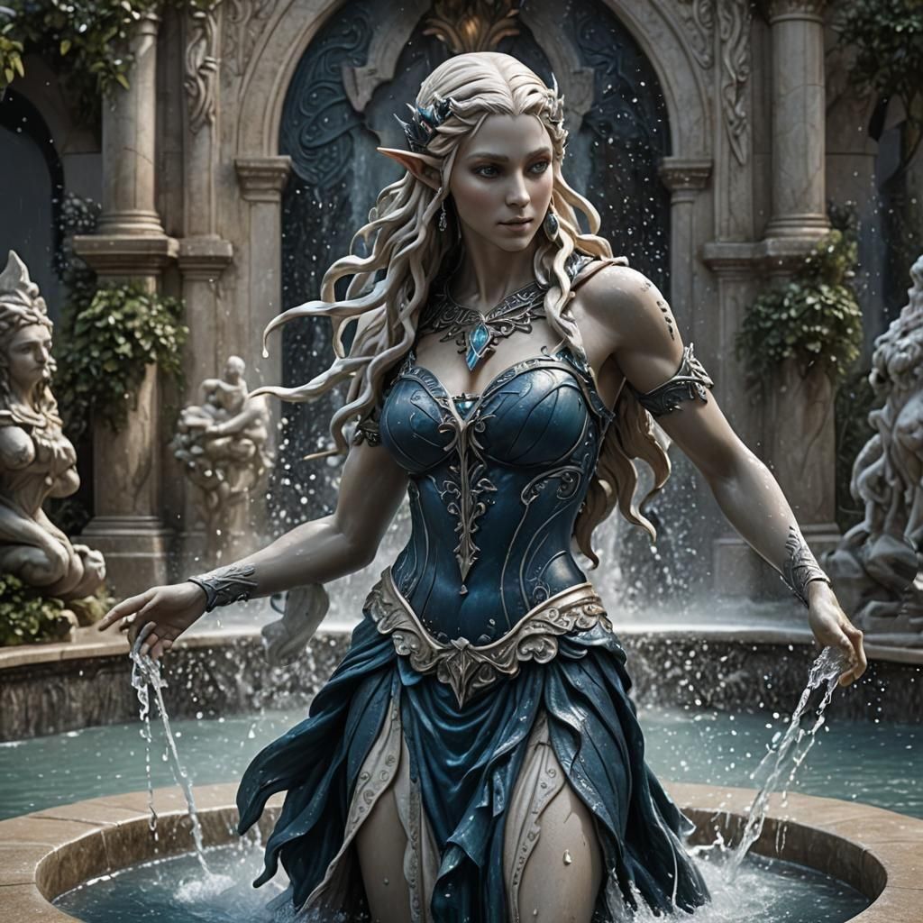 DND Elf Fountain Statue in Detailed Matte Painting
