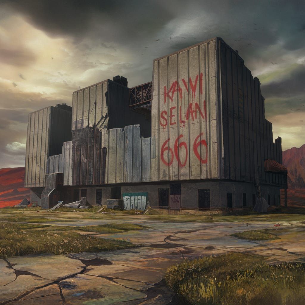 Brutalist Building with Graffiti in Desolate Fantasy Landsca...