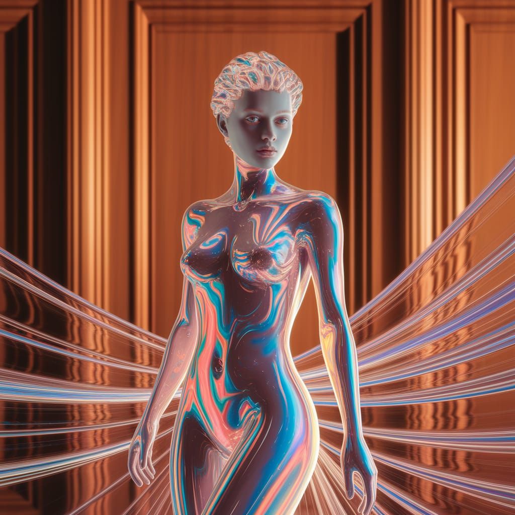 Beautiful Woman Formed From Glowing Iridescent Liquid