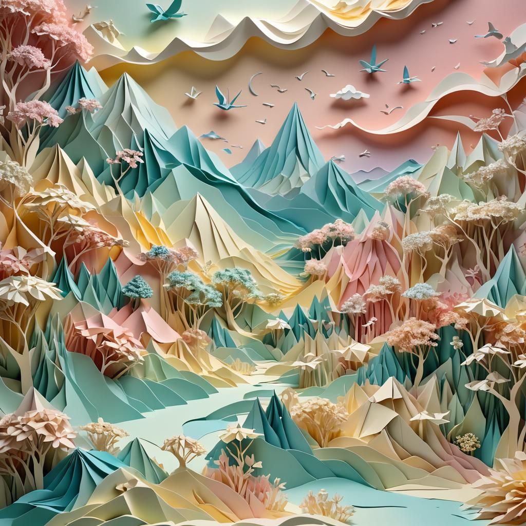 Surreal Papercraft Origami Landscape in Pastel Colors