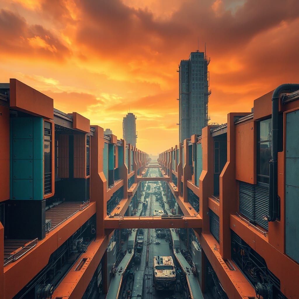 Epic Cyberpunk Metropolis Under Stormy Orange Skies