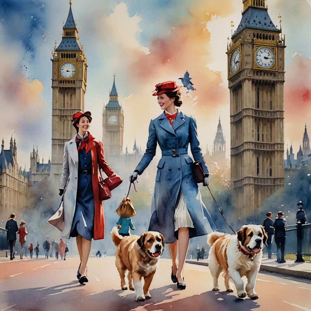 Mary Poppins Watercolor Portrait near Big Ben