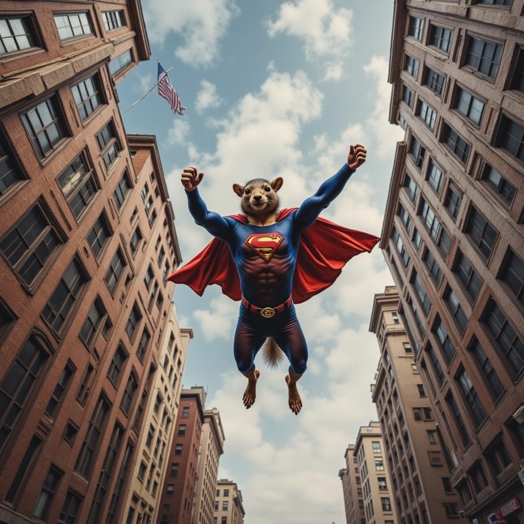 Superman Squirrel Soars Over Cityscape in Grungy Oil Paintin...
