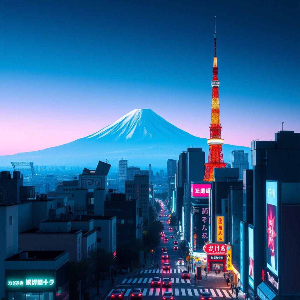 Tokyo Skyline with Mount Fuji in Cyberpunk Style