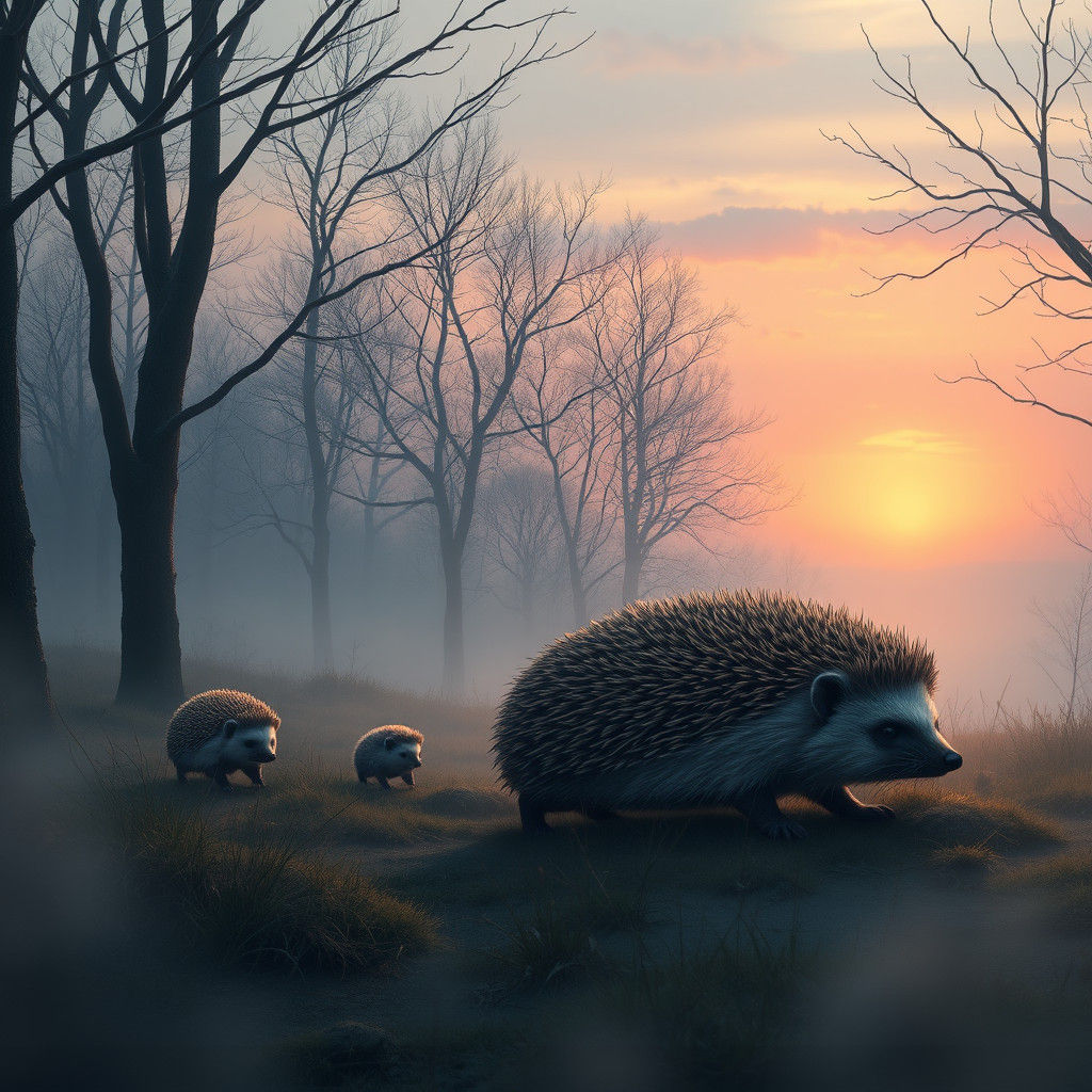 Hedgehog Family in Misty Autumn Landscape