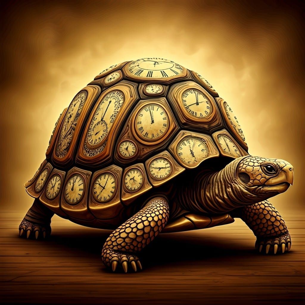 Steampunk Tortoise with Mosaic Clock Faces in Intricate Deta...