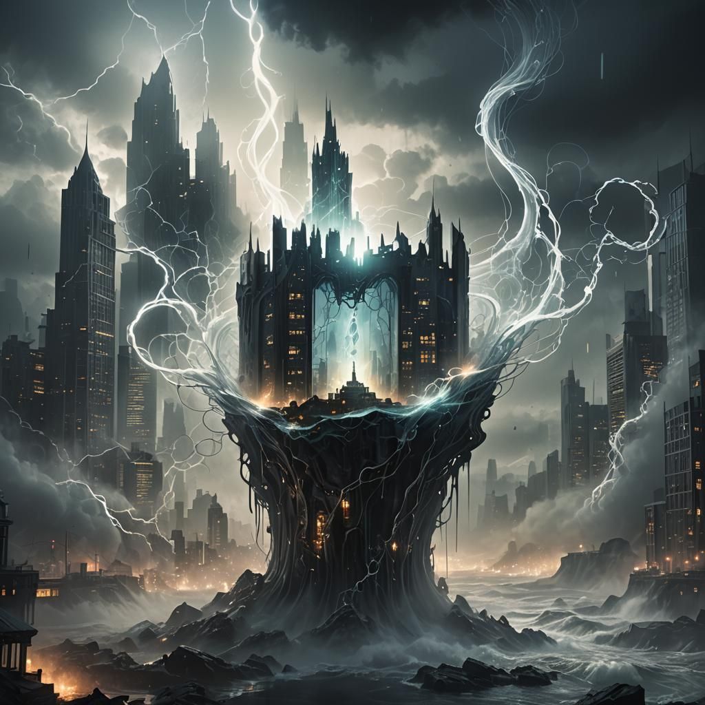 Glass 'A' in Fog and Cityscape, in Dark Fantasy Style