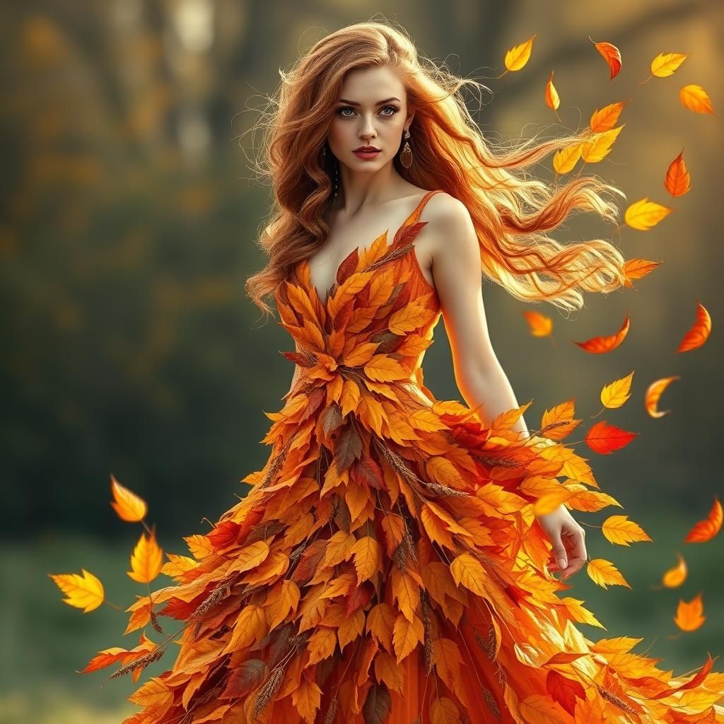 Autumn Woman in Leaf Gown, Watercolor Style