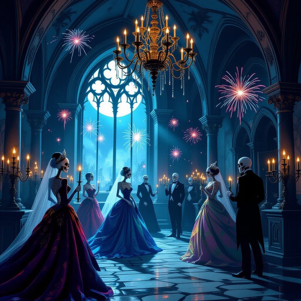 Gothic Crypt New Year's Ball with Skulls and Fireworks