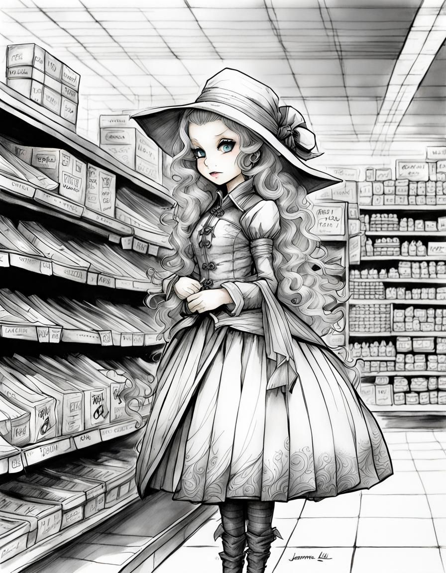 Cute Witch at Supermarket: Ink Illustration