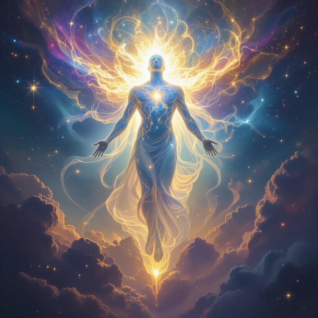 Divine Being of Light Descending in Surreal Style
