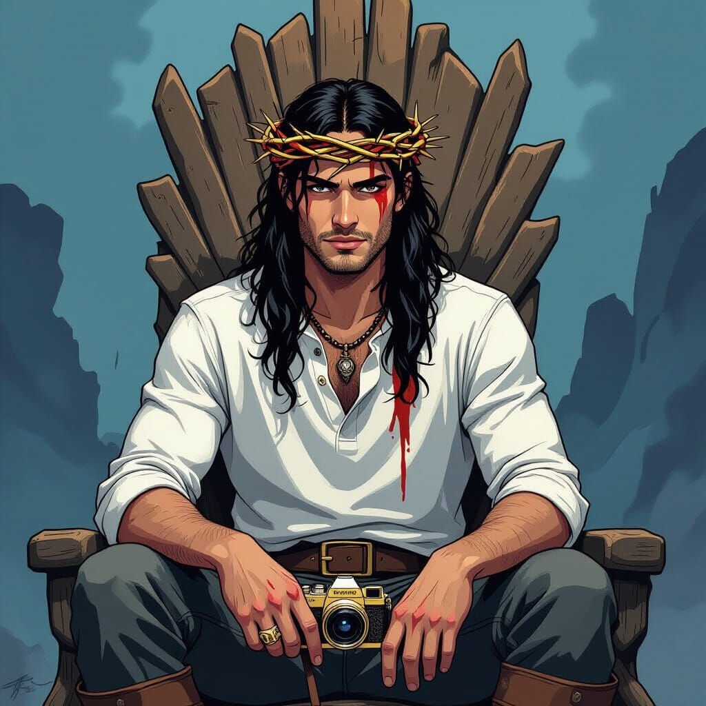 Young Man on Rock Throne Wearing Crown of Thorns