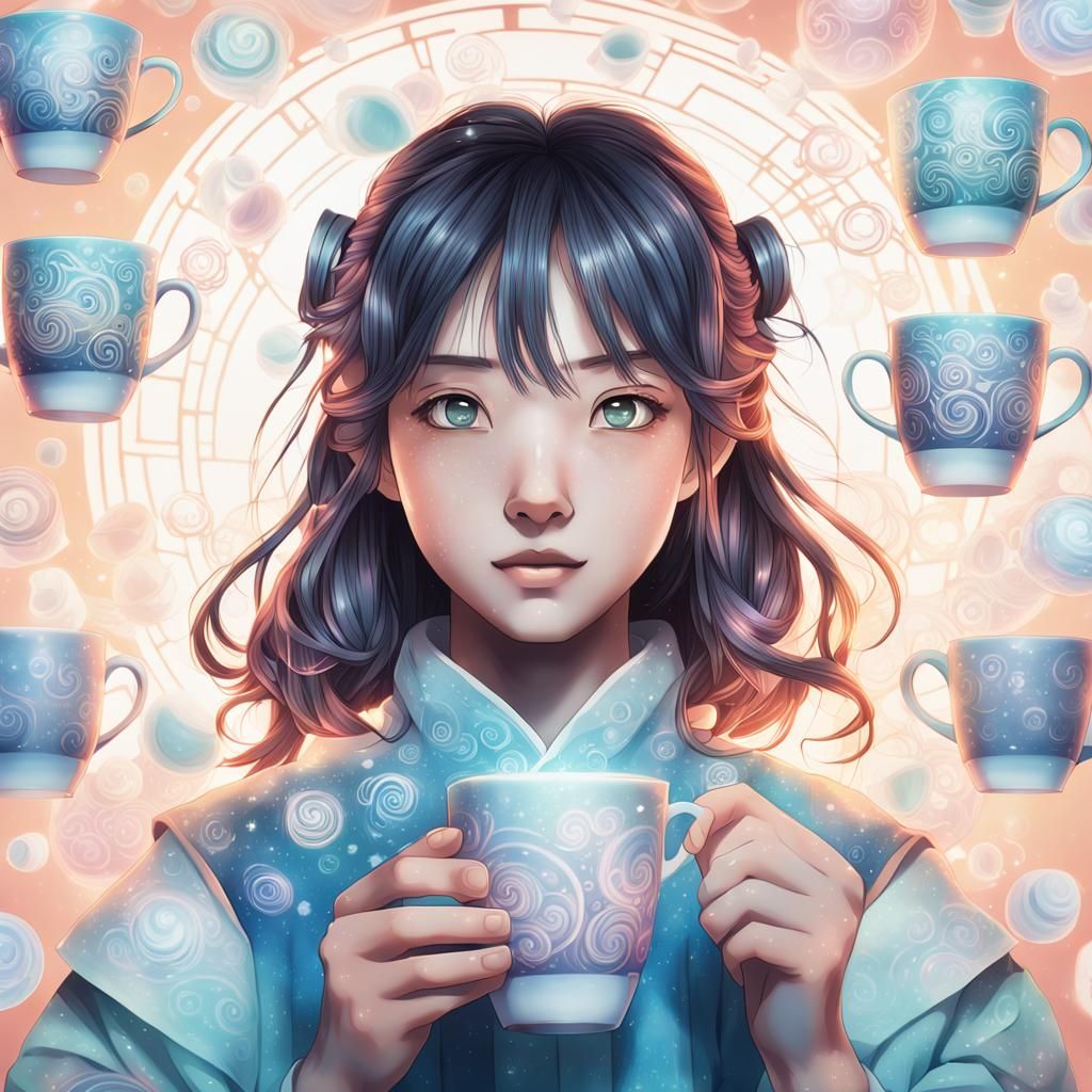 Anime Portrait of Woman with Seven Cups