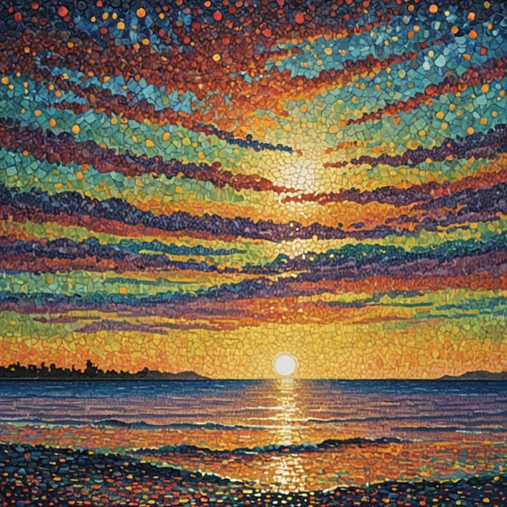 Pointillist Sea Sunset in Pop Art Impressionism