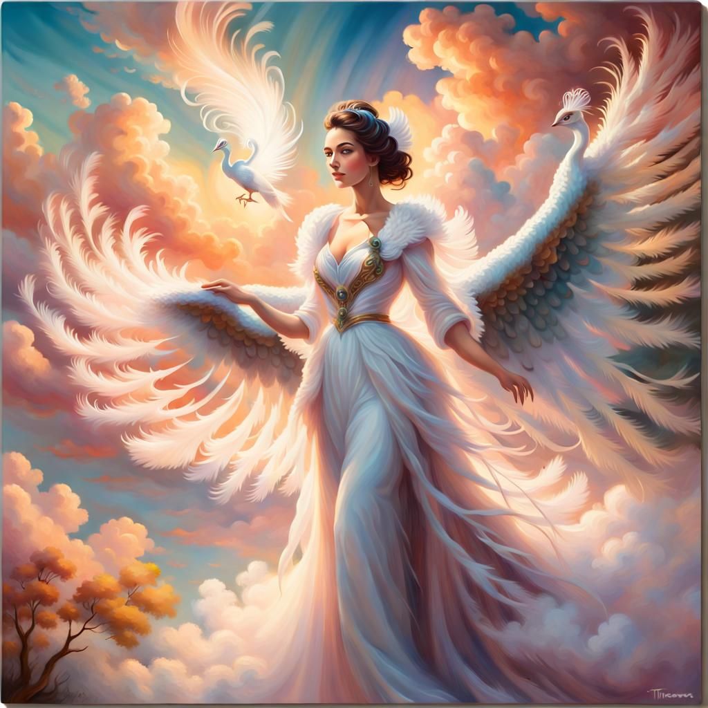 Majestic Woman with Peacock Wings in Oil Painting