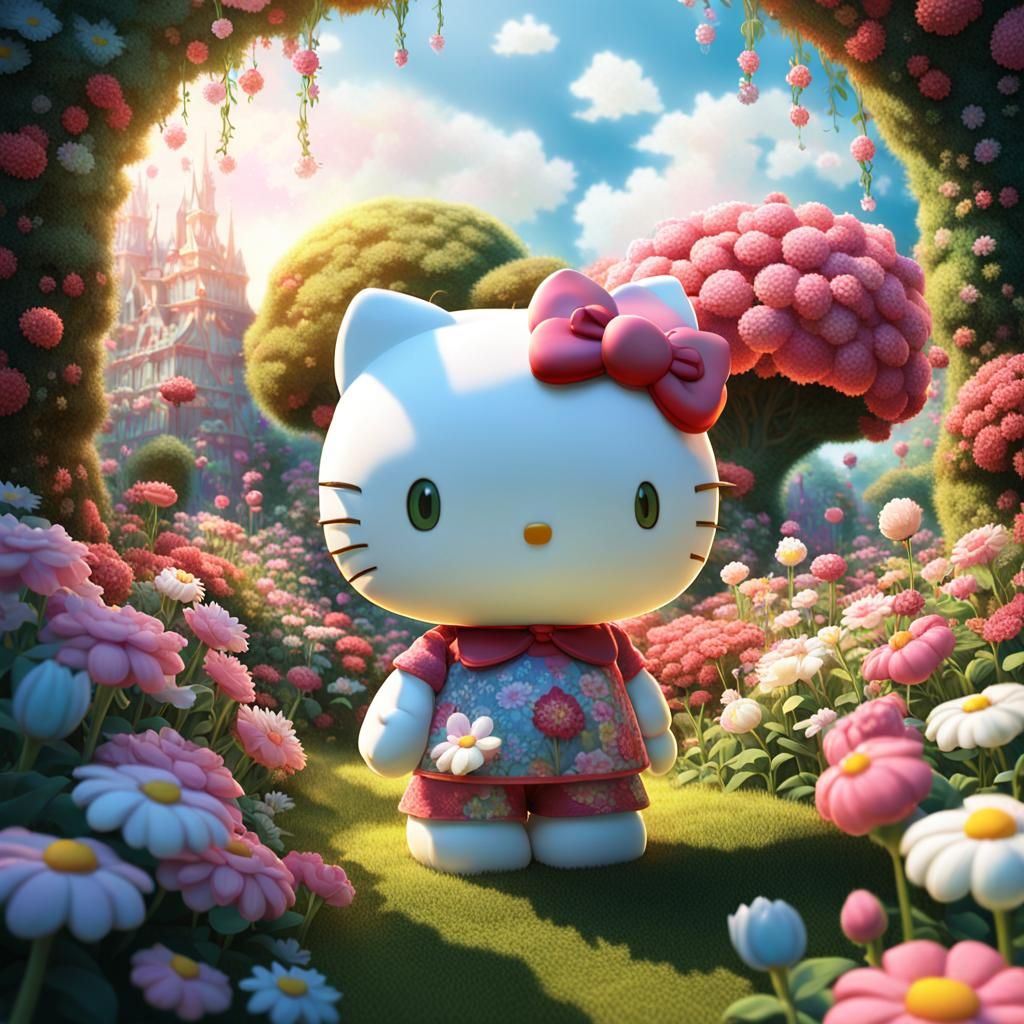 Hello Kitty in Floral Garden, Anime Style