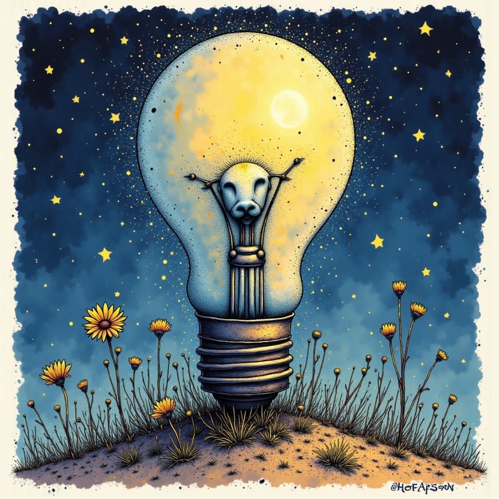 Whimsical Surreal Pop Art Lightbulb in Middle Earth
