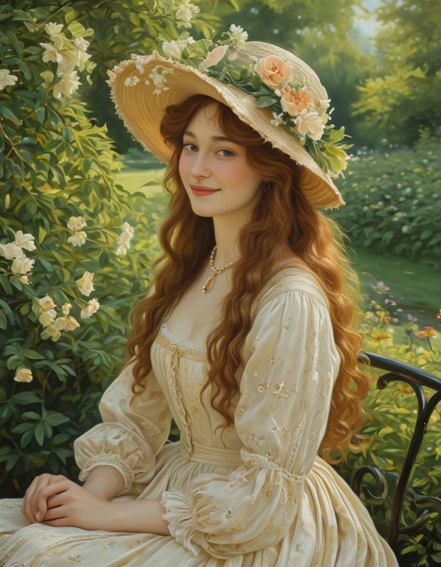 A beautiful and glamourous Victorian woman sitting in a park...