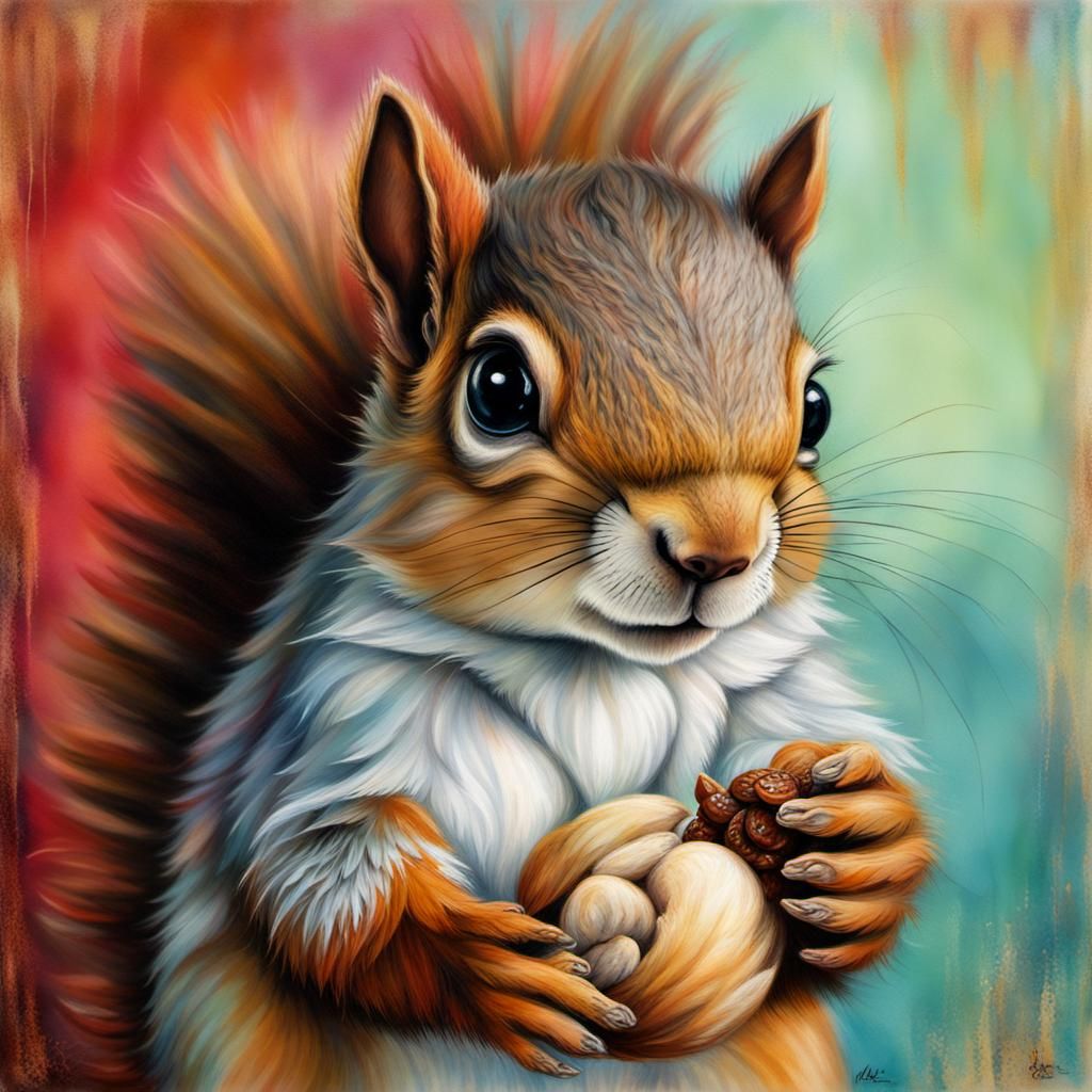 Infant Squirrel with Nut in Macro Detail