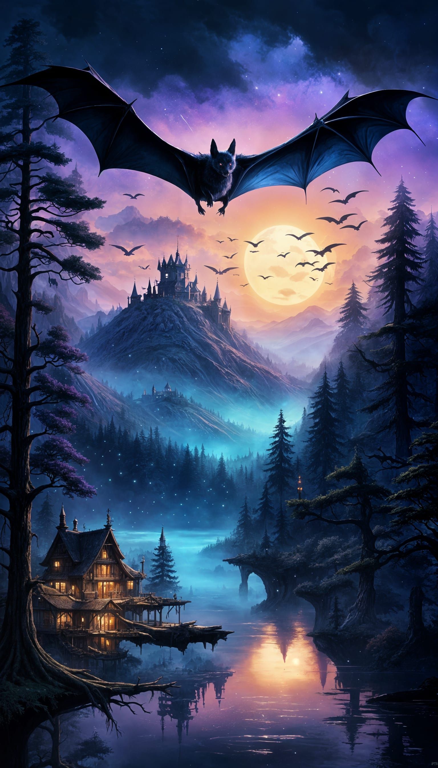 Giant Bat Soaring Over Twilight Forest Village