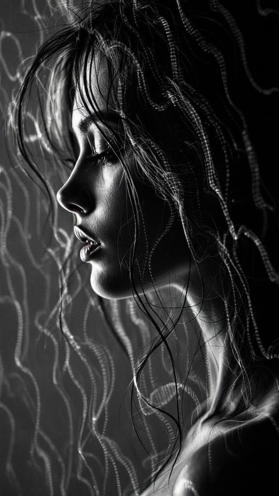 Stealthy Female Figure in Moiré Pattern