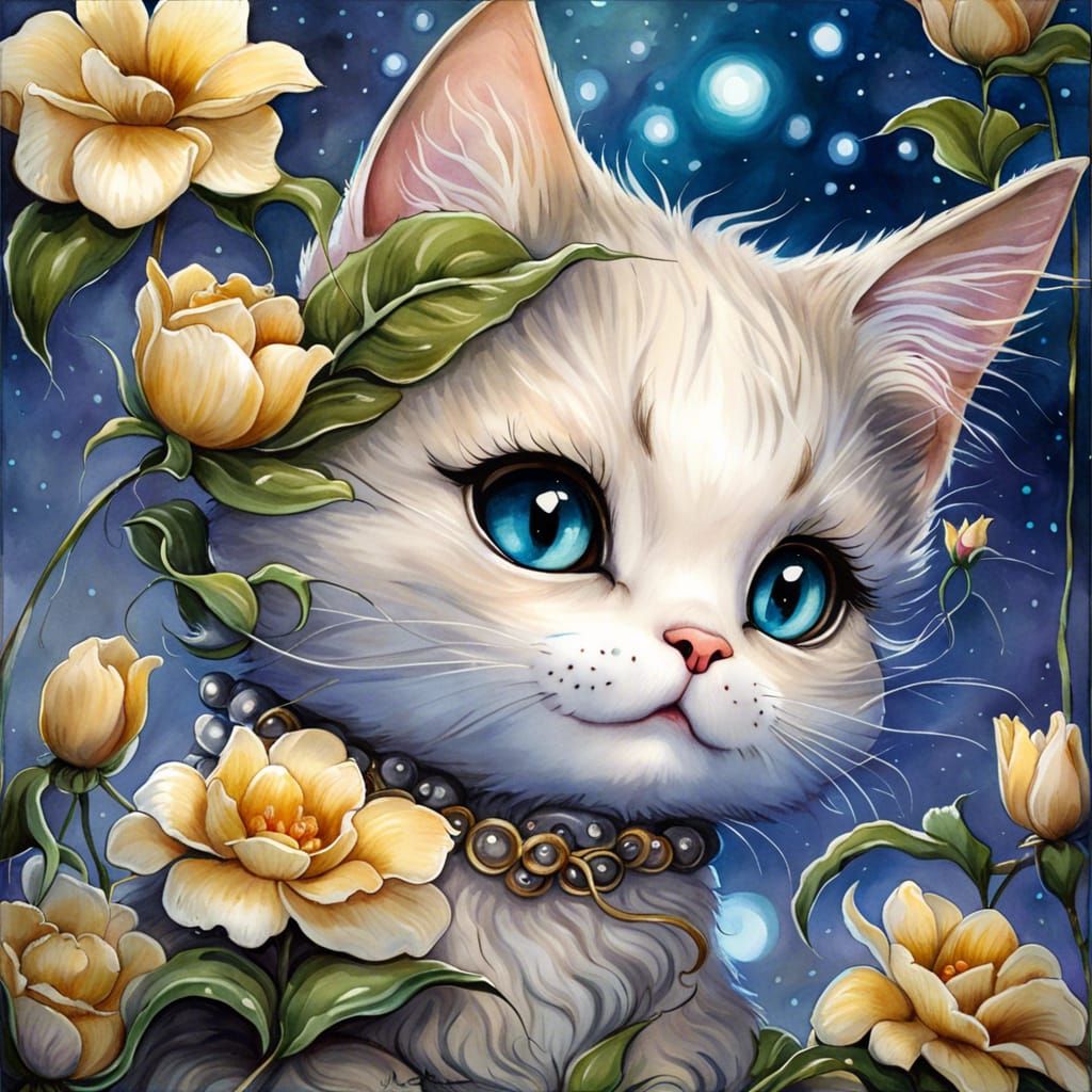 Cute Cat with Flowers in Watercolor Style