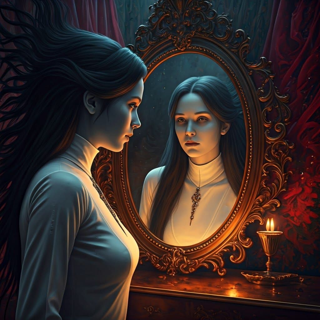 Elegant Woman Encounters Empty Reflection in a Hyperrealisti...