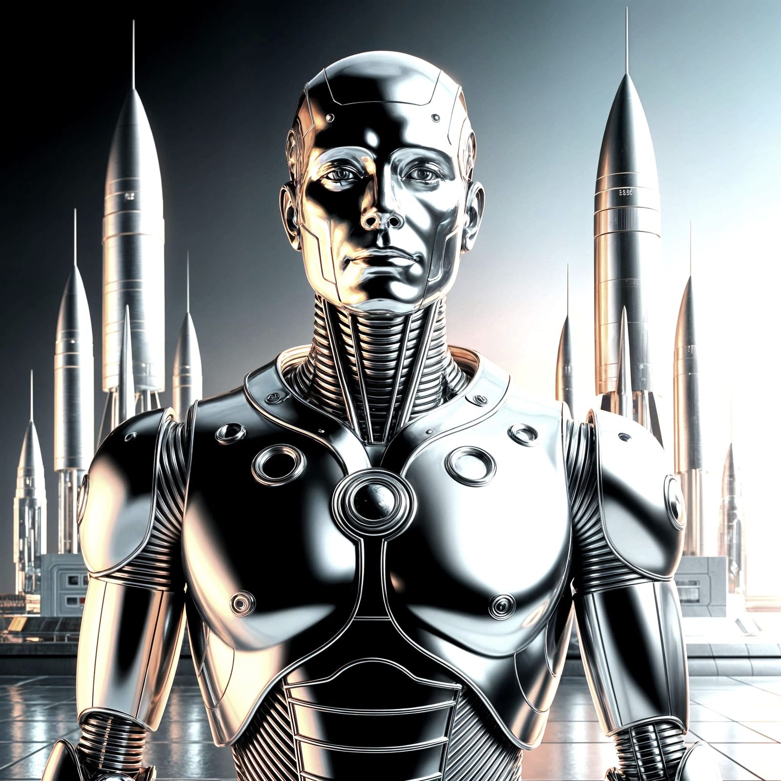 Retrofuturistic Android in Golden Age Sci-Fi Cityscape