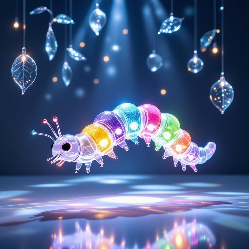 A translucent caterpillar crafted and suspended between spar...