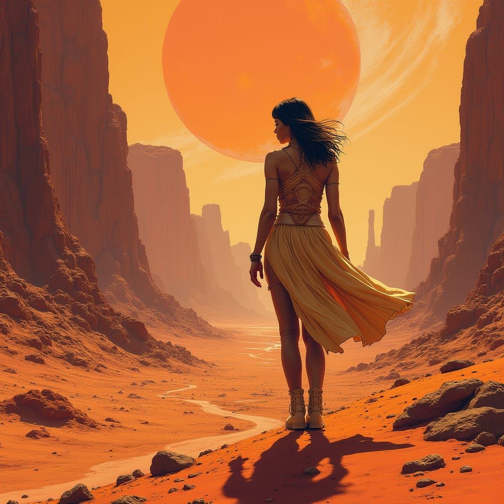 Mars Heroine in a Futuristic, Sci-Fi Landscape