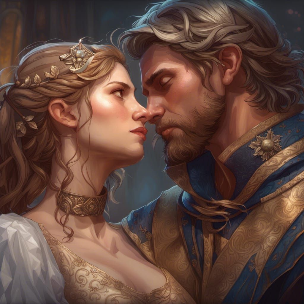 Medieval Couple Kissing Portrait in Art Nouveau Style