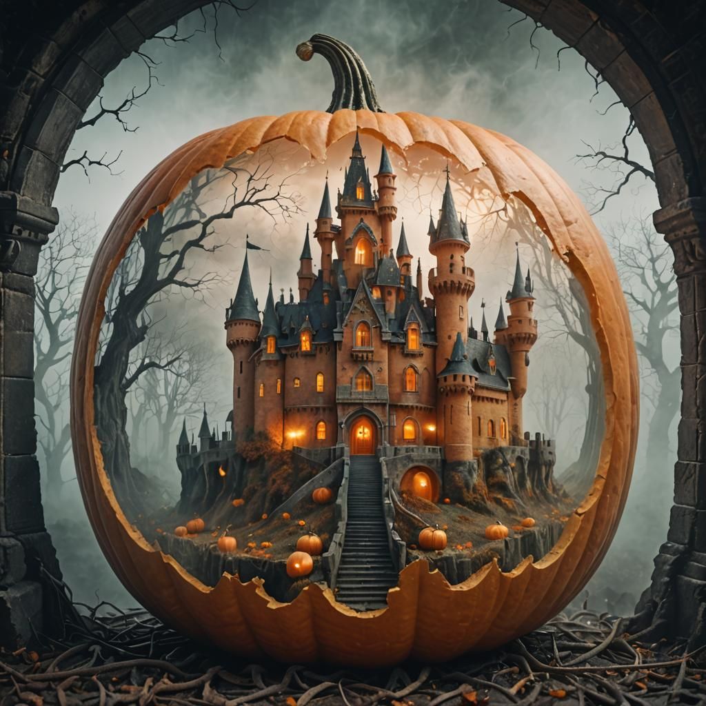 Intricate Pumpkin Castle Concept Art in Low Fog