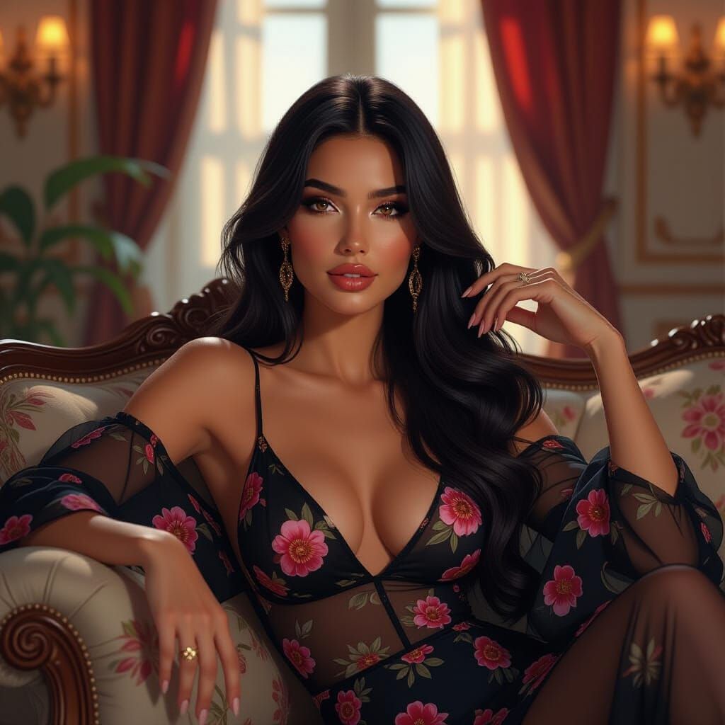 Elegant Woman in Floral Dress: Hyperdetailed Portrait