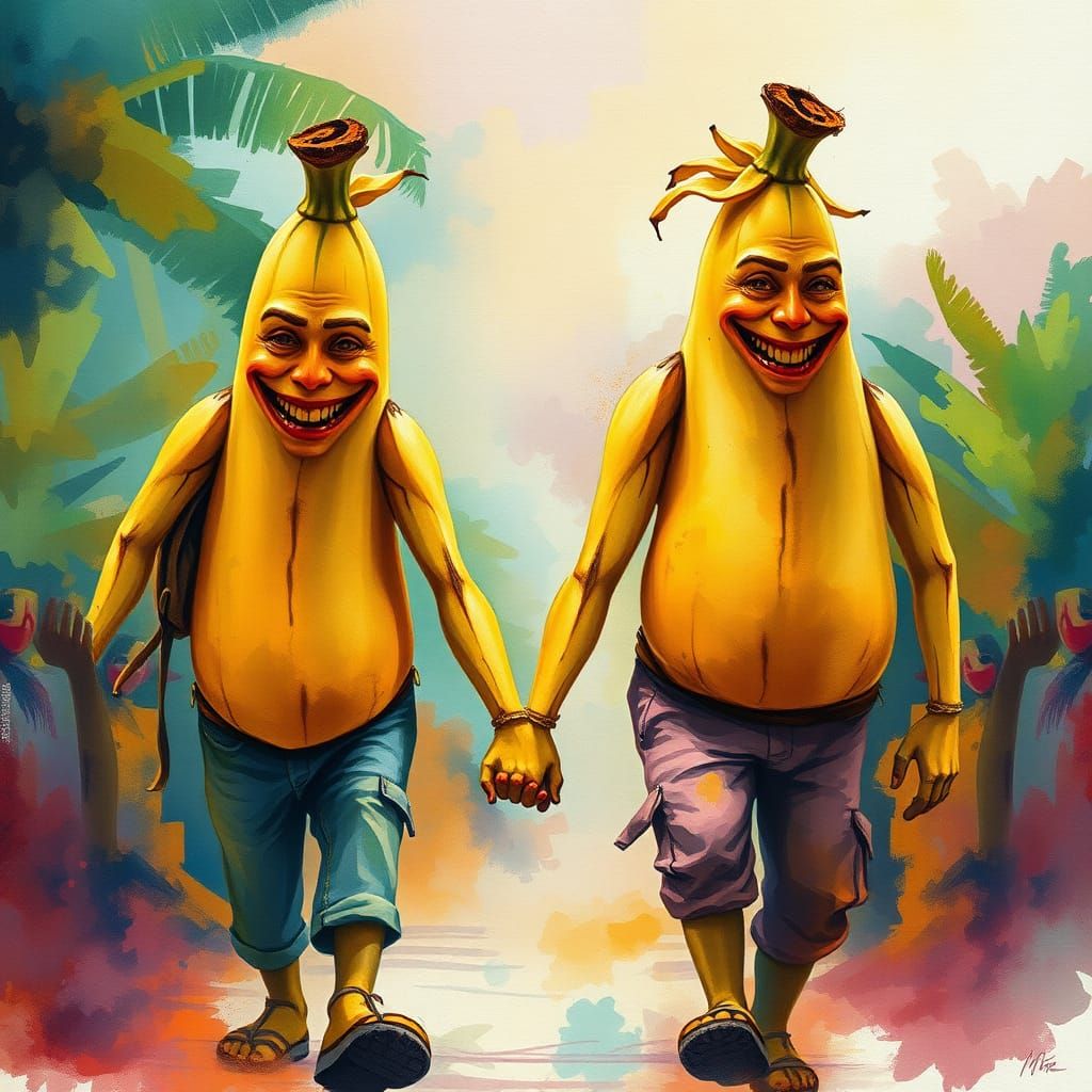 Vibrant Watercolor Bananas Embark on a Joyful Tropical Adven...