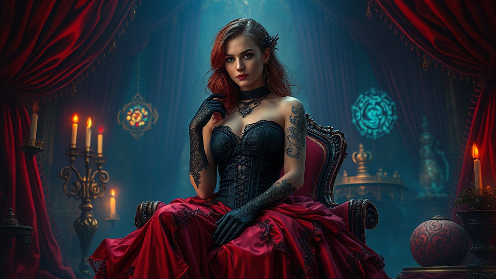 Regal Woman in Gothic Chamber with Cyberpunk Flair