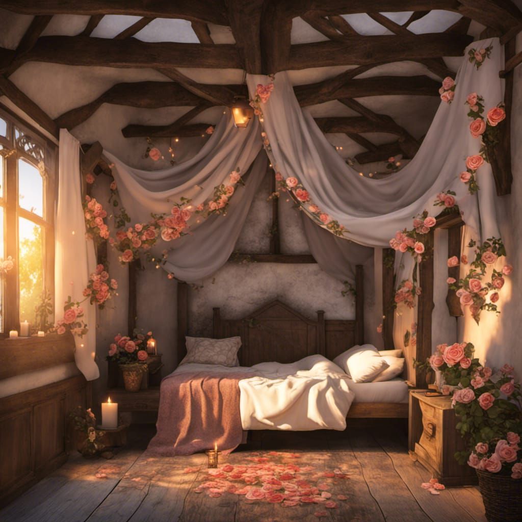 Romantic Medieval Cottage Room at Sunset