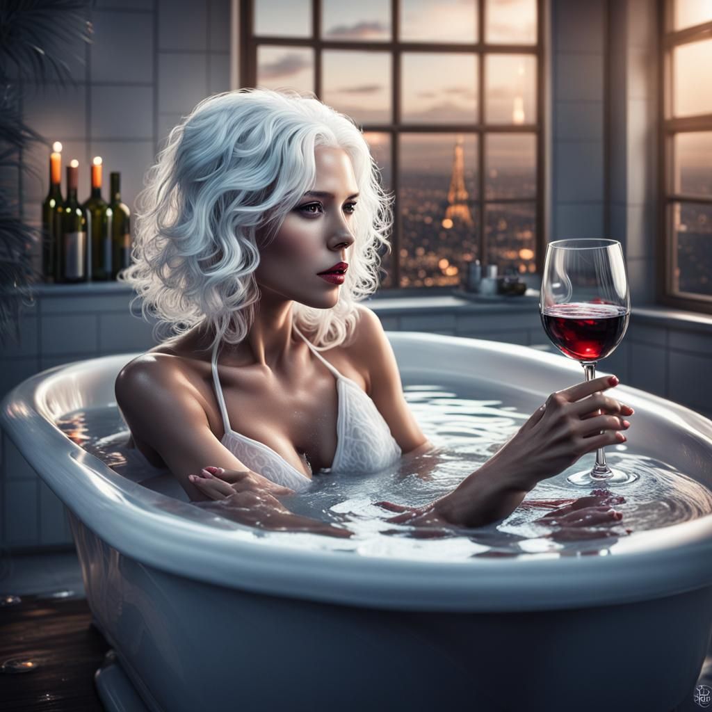 Luxurious Woman in Tub with Wine, Realistic Style
