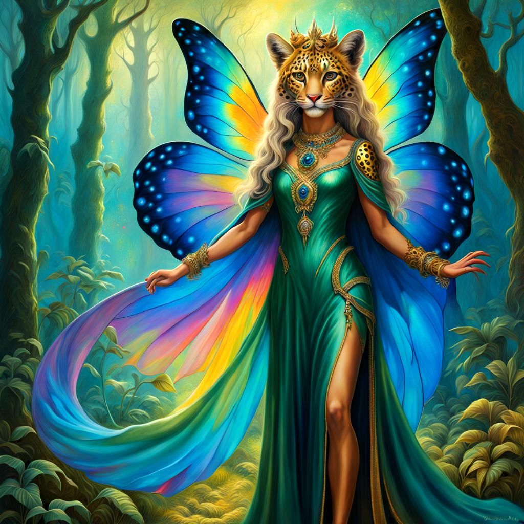 Ocelot Fairy with Rainbow Wings in Forest