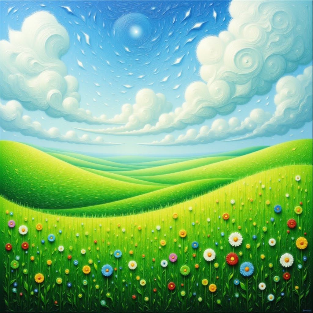 Geometric Fields of Flowers Under Swirling Clouds