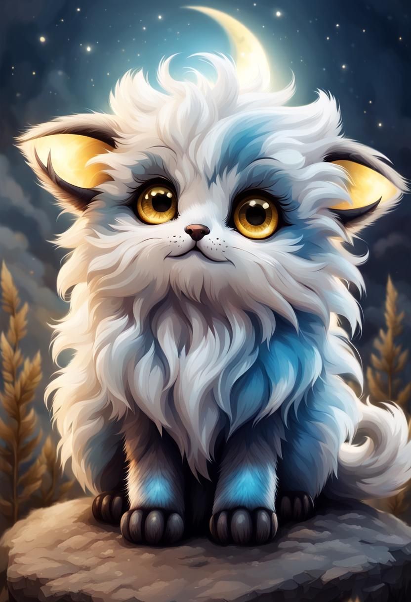 Cloud Fur Creature with Crescent Moon Tattoos