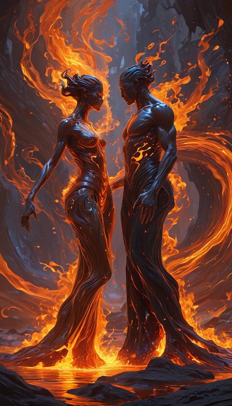 Fire Elementals Waltz in Fiery Landscape: Digital Art